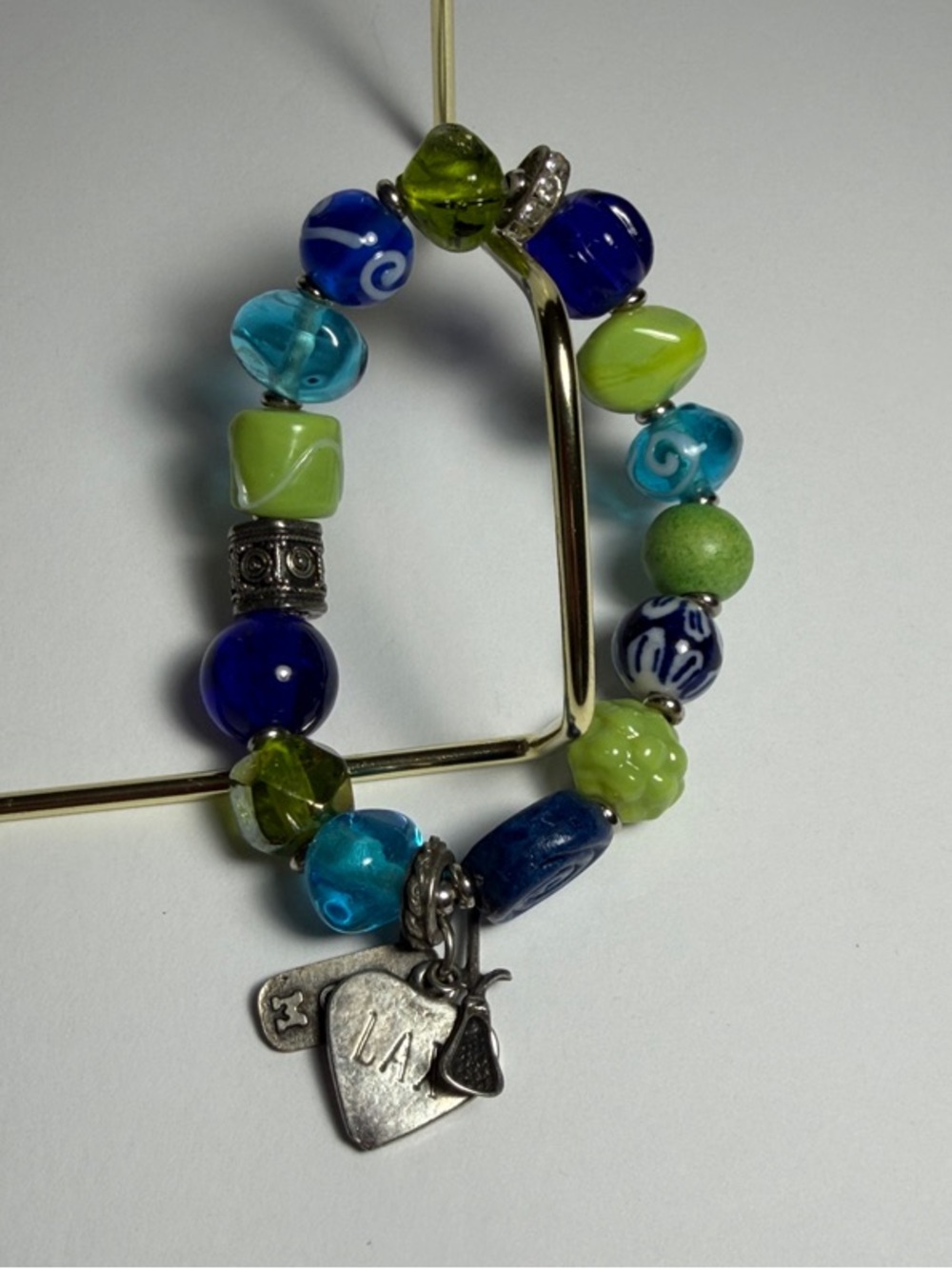 Artisan Blue & Green Mixed Glass Bead Stretch Bracelet